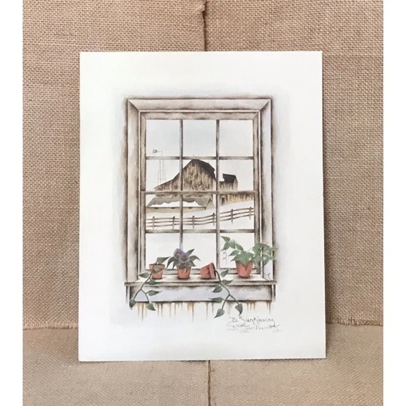 Farmyard Window View Art Print Signed B Sienkiewicz Barn Country Winter Rustic - Picture 2 of 5